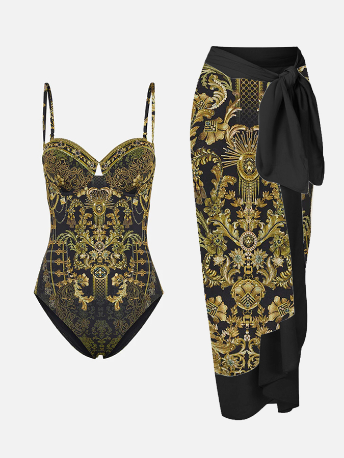 Vintage Court Floral Print One Piece Swimsuit And Cover up