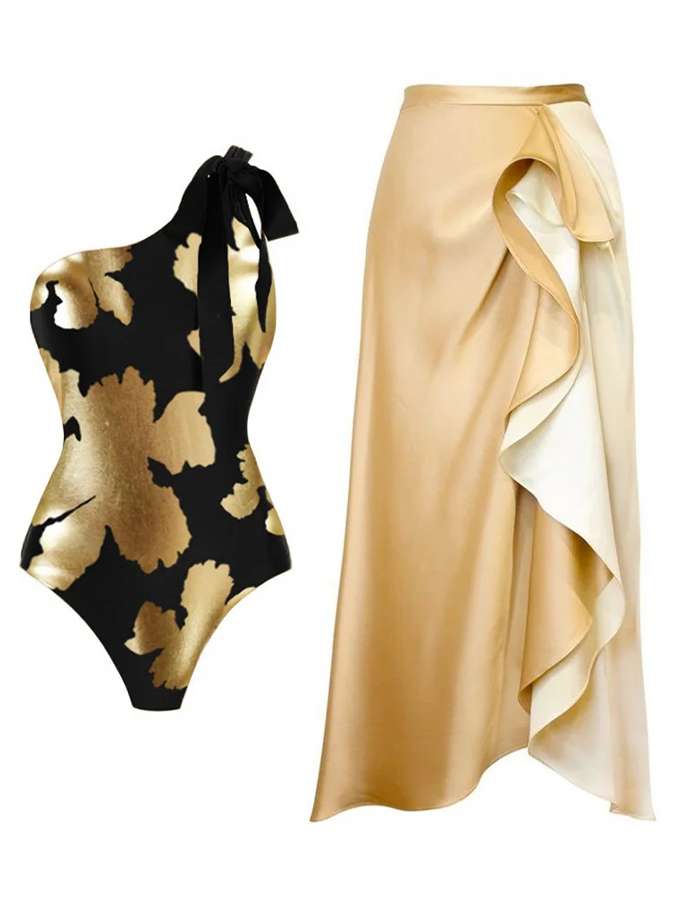 Ruffle Printed One Piece Swimsuit and Skirt
