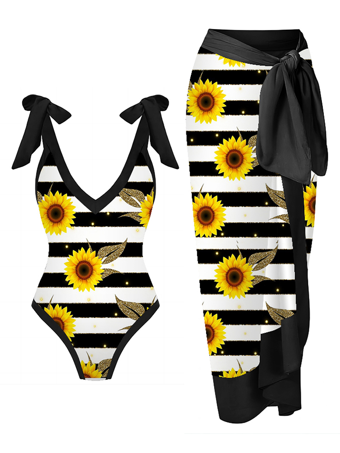 Deep V Sunflower Print One Piece Swimsuit Set
