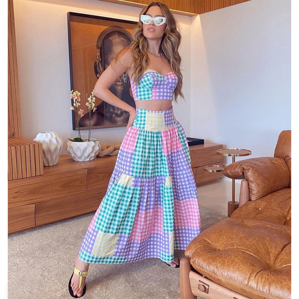 Colorful Plaid Lacing Shoulder Bikini Cover-up