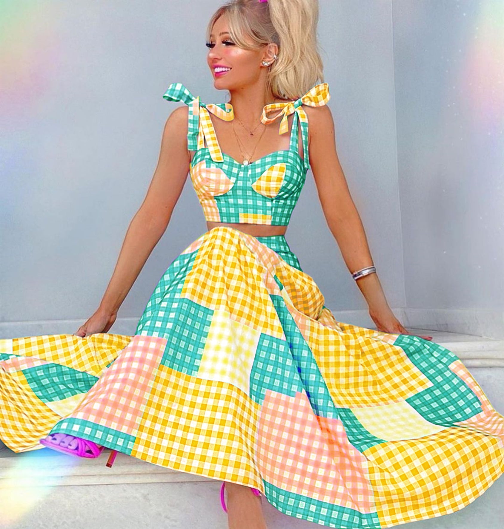 Colorful Plaid Lacing Shoulder Bikini Cover-up