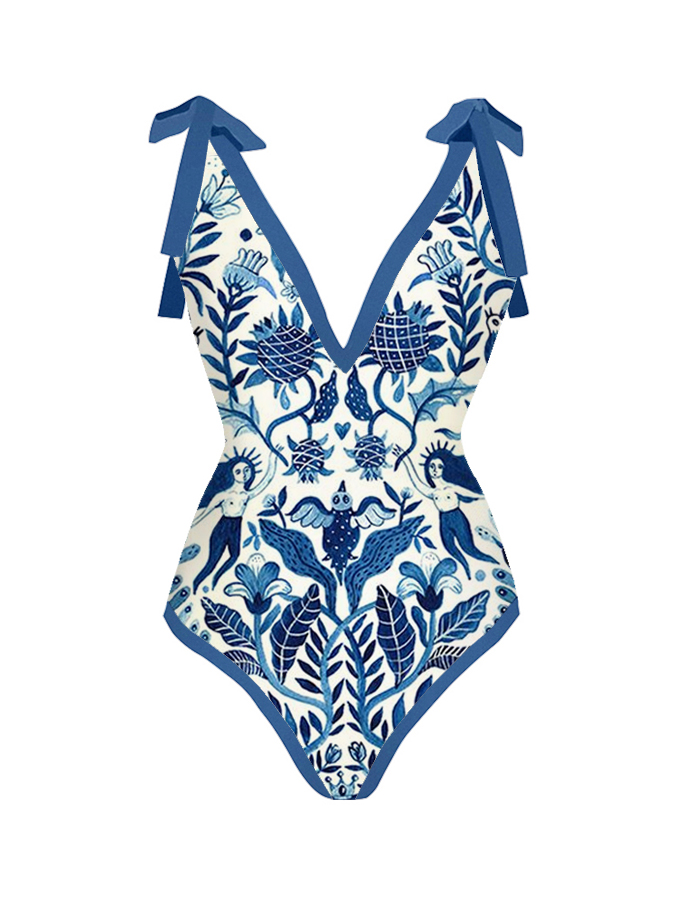Blue and White Porcelain Printed One-Piece Swimsuit And Cover up