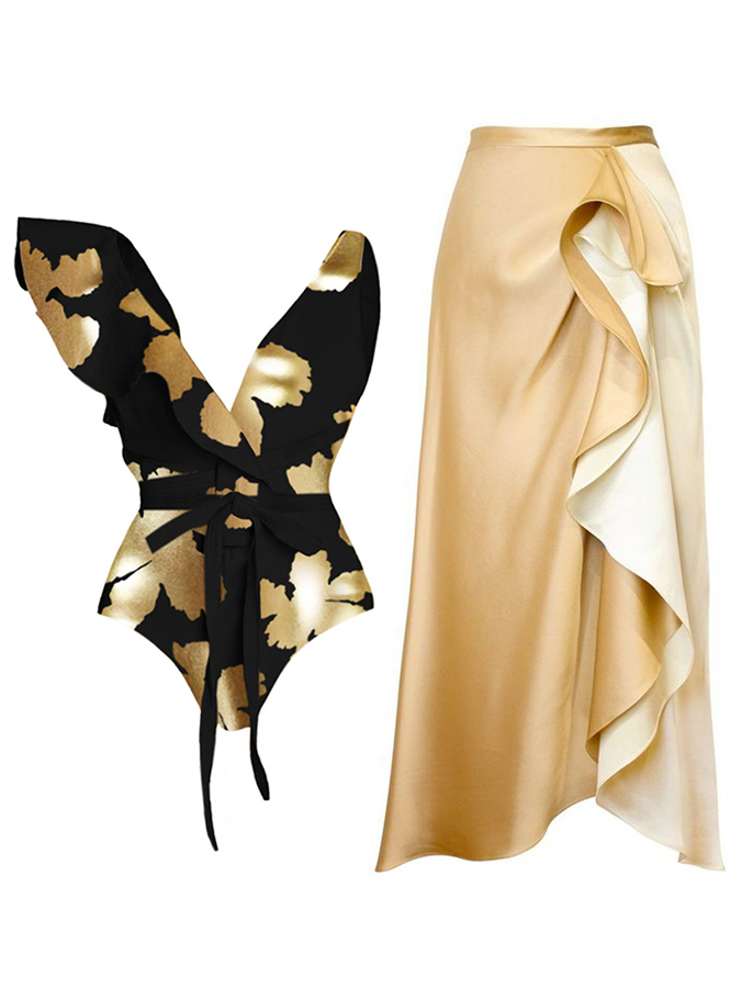 Ruffle Printed One Piece Swimsuit and Skirt
