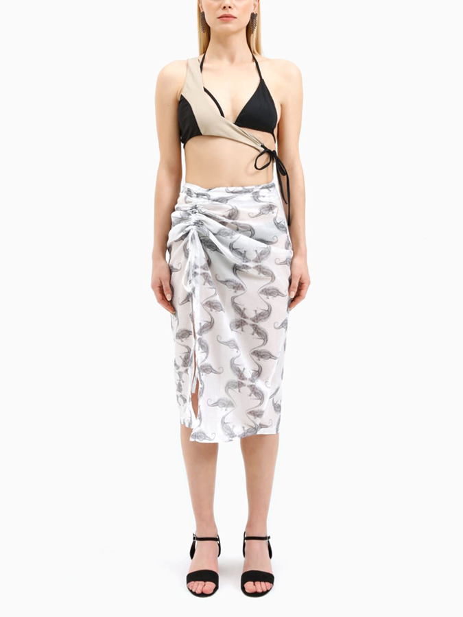 Sexy Beige Black Color Block Bikini And Print Cover Up