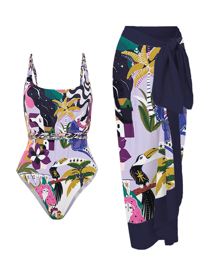 Tropical Flower and Bird Print One-Piece Swimsuit And Cover Up