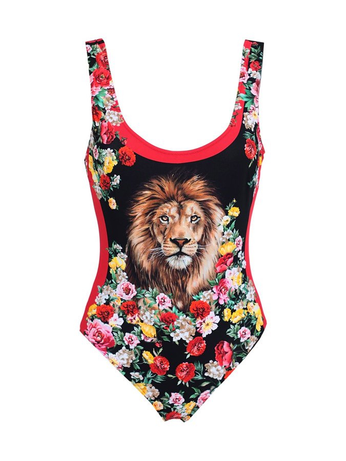 Lion Rose Print One Piece And Cover Up