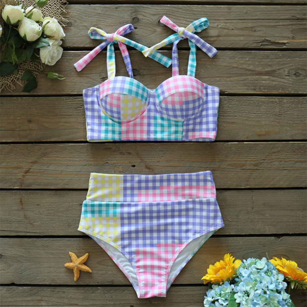 Colorful Plaid Lacing Shoulder Bikini Cover-up