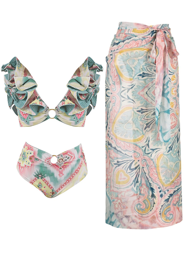 Vintage Print Ruffle Bikini And Cover Up