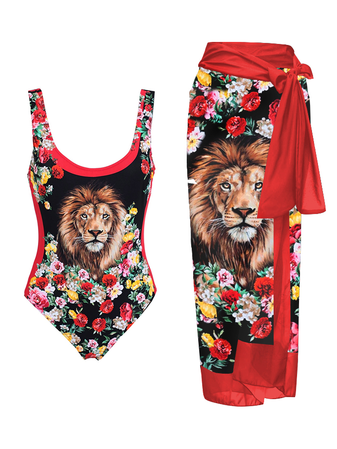Lion Rose Print One Piece And Cover Up