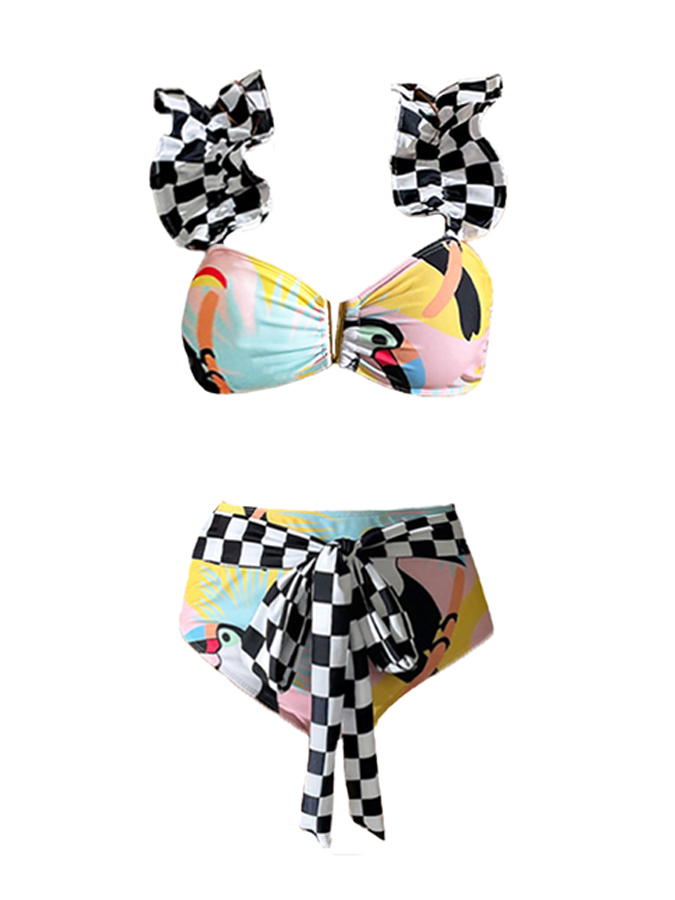 Black and White Check Print Bikini and Cover Up