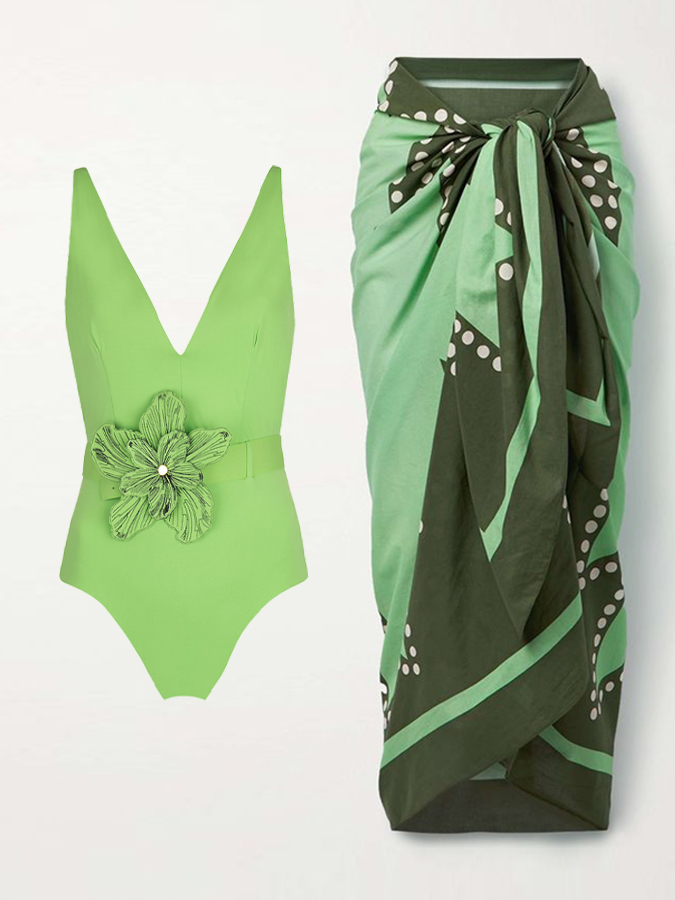 Solid Color V Neck Open Back One Piece Swimsuit