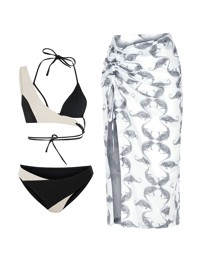 Sexy Beige Black Color Block Bikini And Print Cover Up