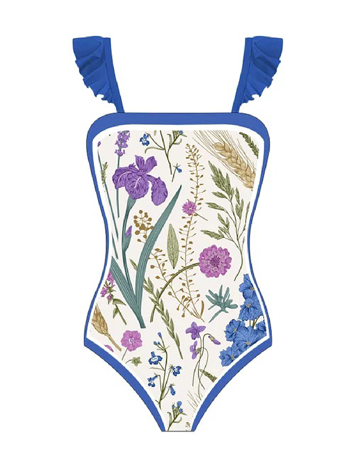 Vintage Colorblock Floral Print Ruffled One-Piece Swimsuit and Cover-up