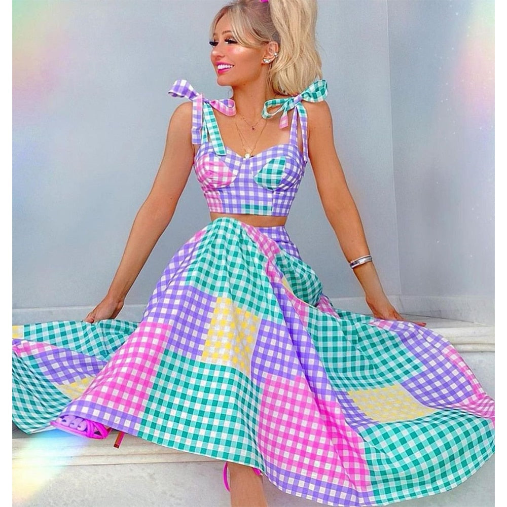 Colorful Plaid Lacing Shoulder Bikini Cover-up