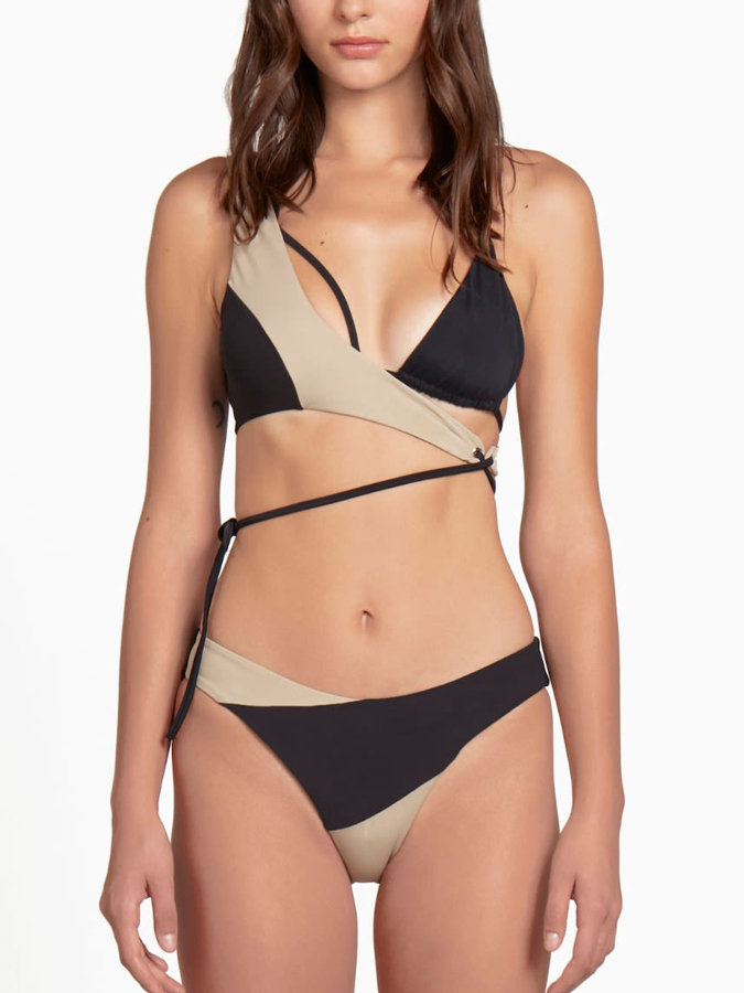 Sexy Beige Black Color Block Bikini And Print Cover Up