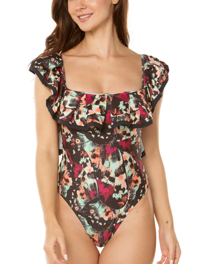 Vintage Butterfly Pattern Ruffle One Piece Swimsuit And Cover Up