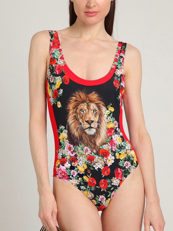 Lion Rose Print One Piece And Cover Up