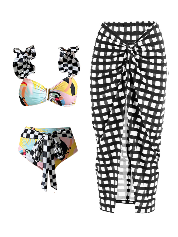 Black and White Check Print Bikini and Cover Up