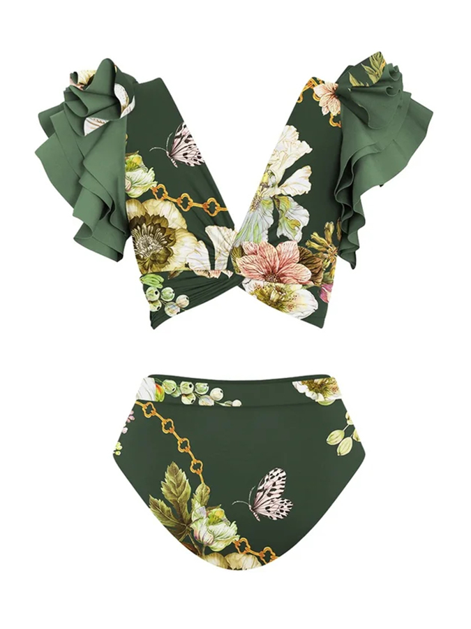 Ruffled Floral Print Bikini Swimsuit and Skirt