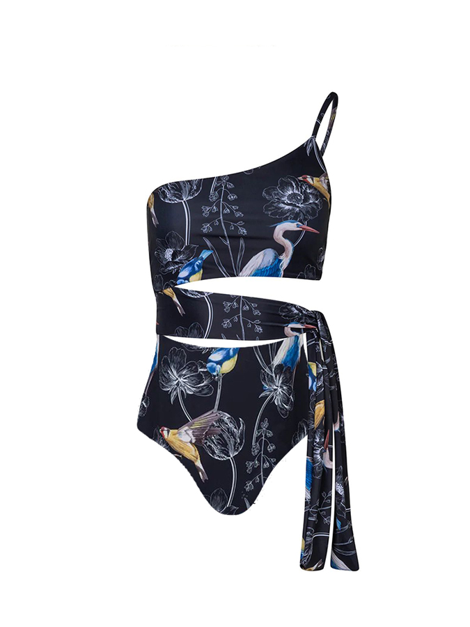 Flower and bird print two-piece swimsuit and cover up