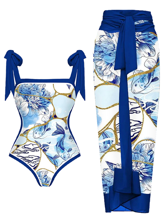 Reversible Colorblock Print One-Piece Swimsuit and Cover-up
