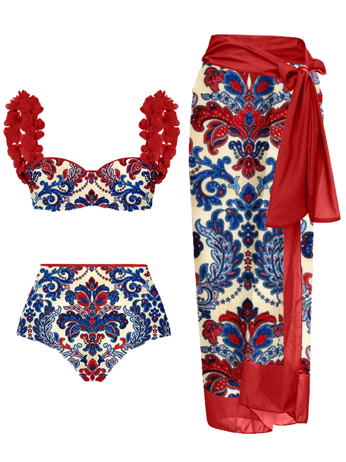 Vintage Colorblock Print Swimsuit and Cover-up