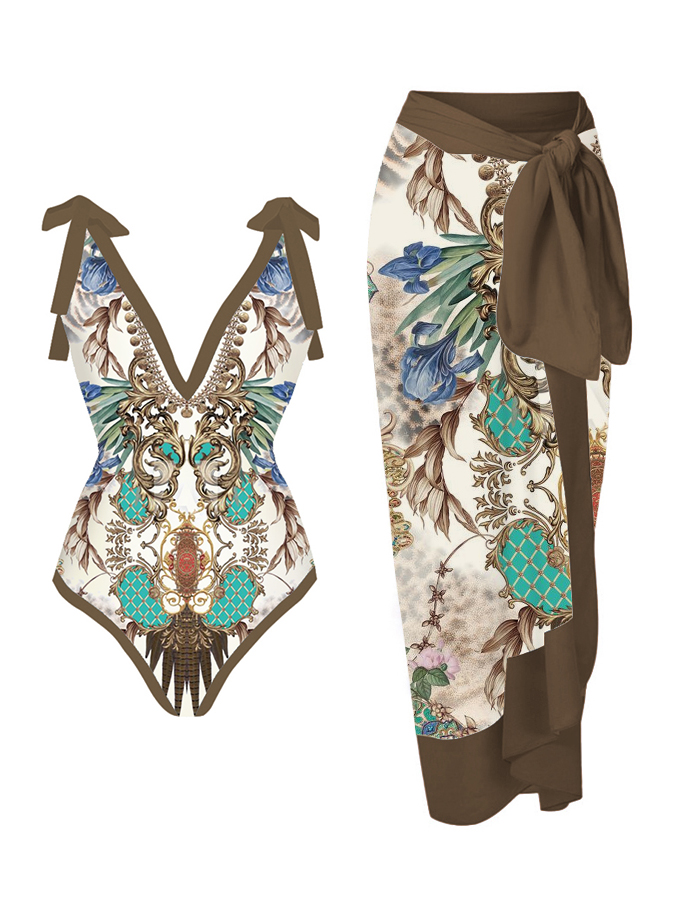 Vintage Printed Casual One Piece Swimsuit And Cover up