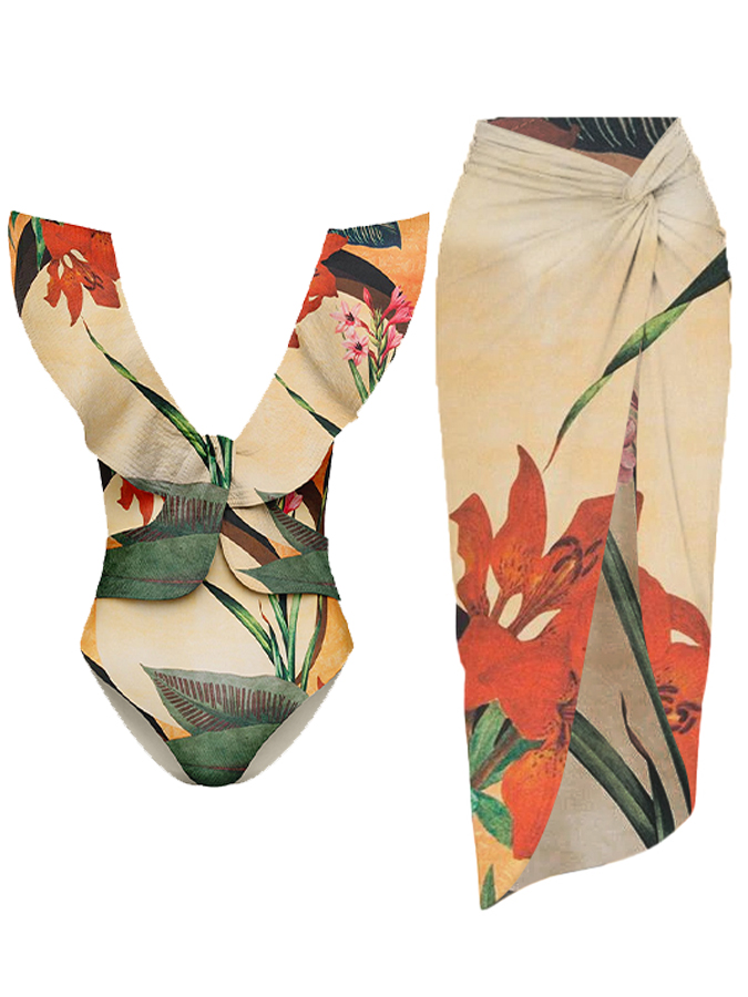 V Neck Ruffled One-Piece Swimsuit