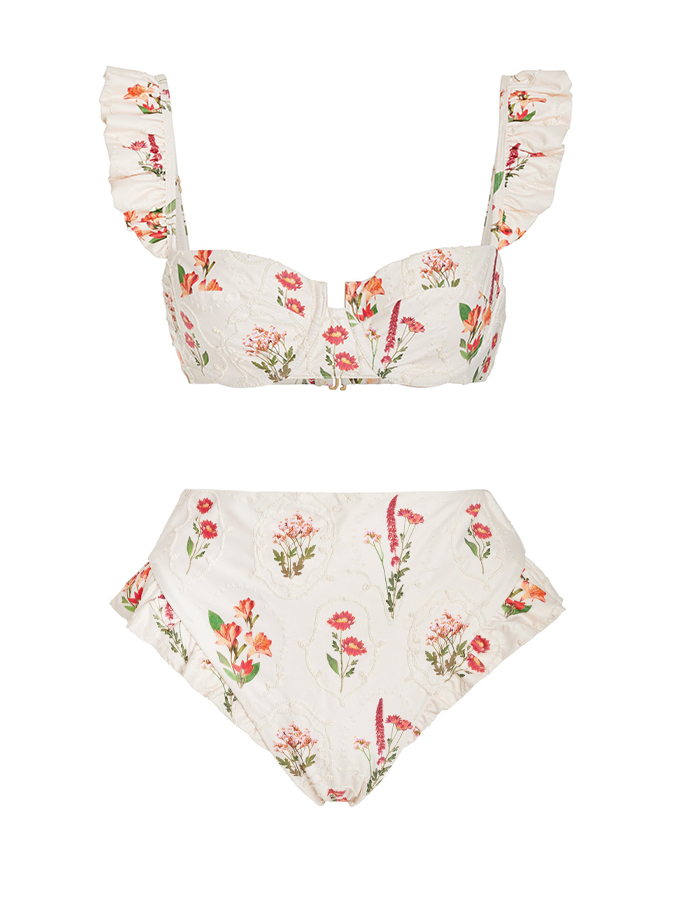 Ruffled Embroidered Print Bikini Swimwear