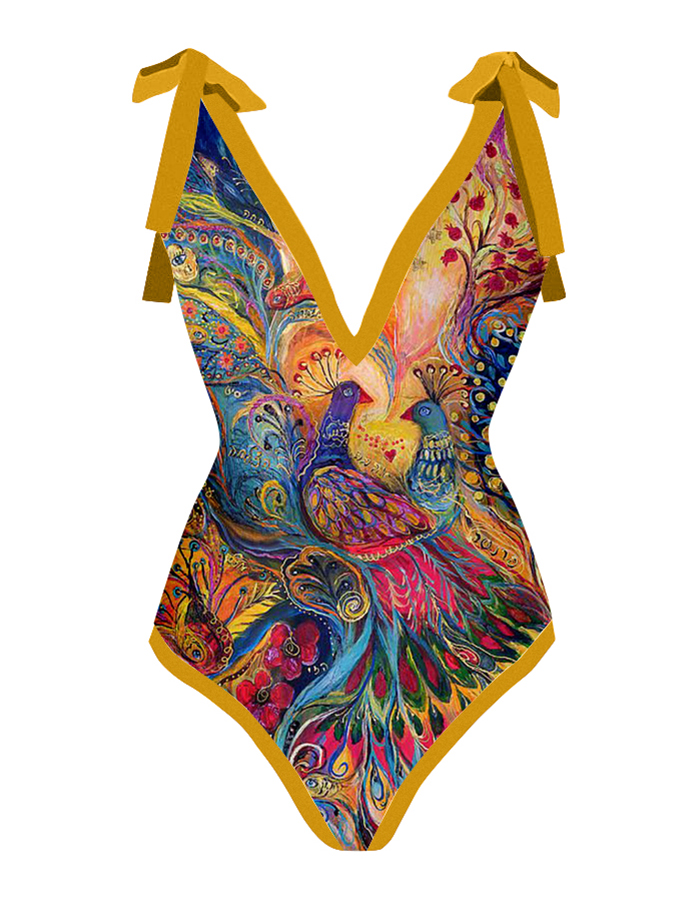 Deep V Vintage Abstract Print One-Piece Swimsuit Set