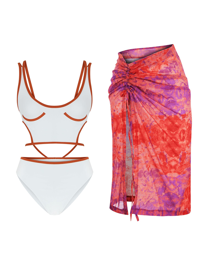 Color Block Casual One-Piece Swimsuit And Vintage Print Cover Up