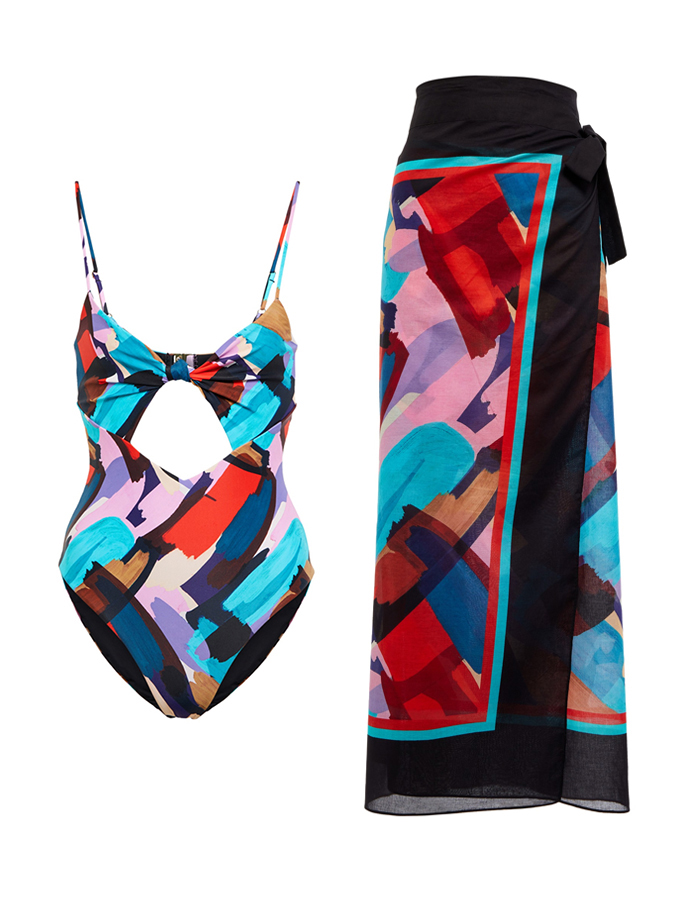 Colorful Graffiti Print One Piece Swimsuit And Cover up