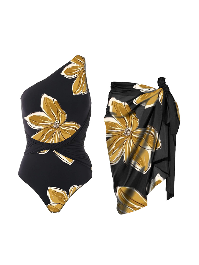 Floral Print One Shoulder One-Piece Swimsuit And Cover Up