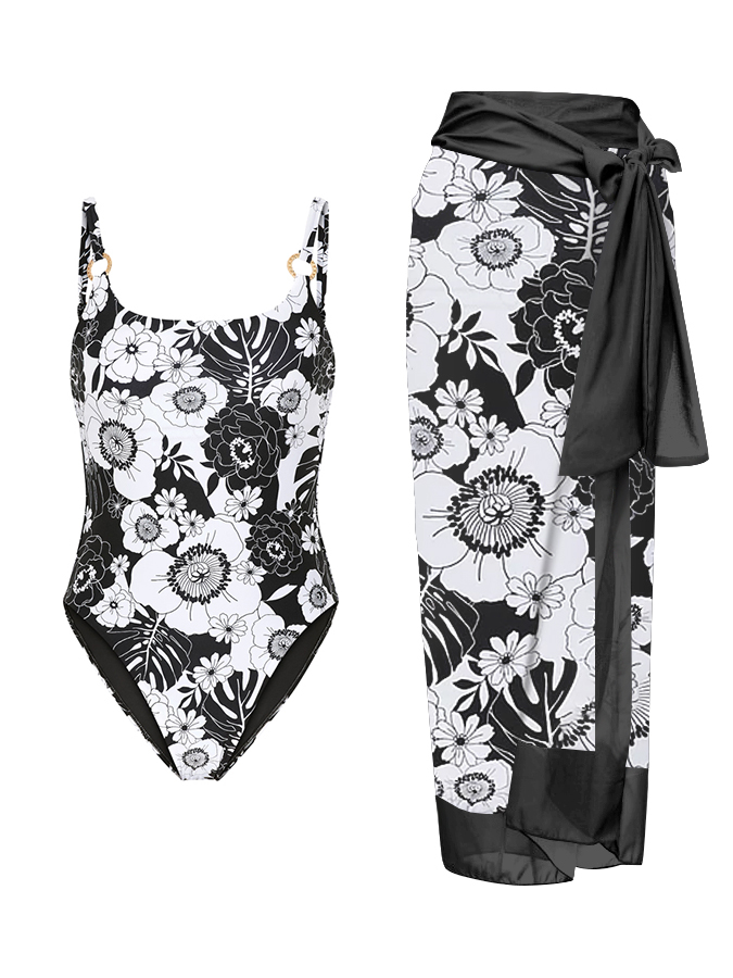 Vintage Floral Print One-Piece Swimsuit And Cover Up