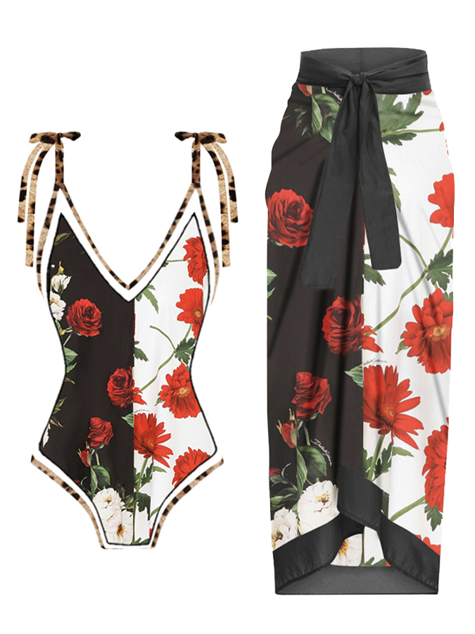 Vintage V Neck Leopard Colorblock Flower Print One-piece Swimsuit and Cover-up