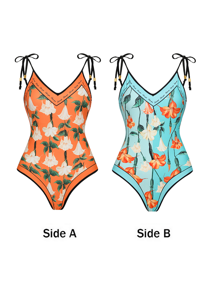 Reversible Print Lace Up One Piece Swimsuit