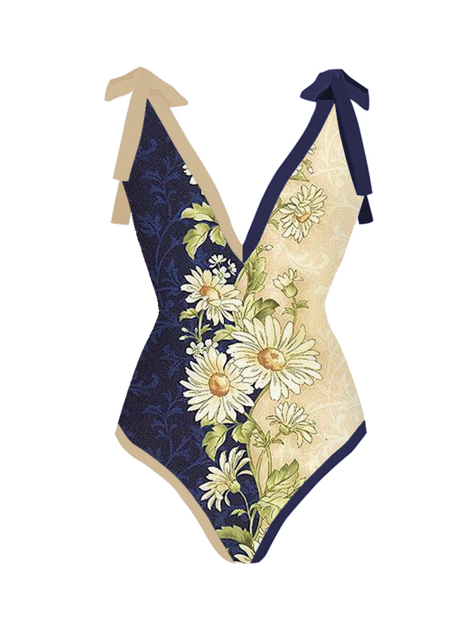 Vintage Color Block Floral Print One Piece Swimsuit And Cover up