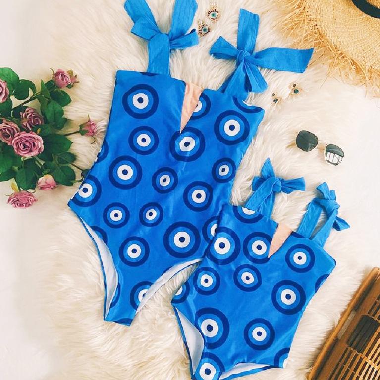 Blue Evil Eye Bow One piece Swimsuit