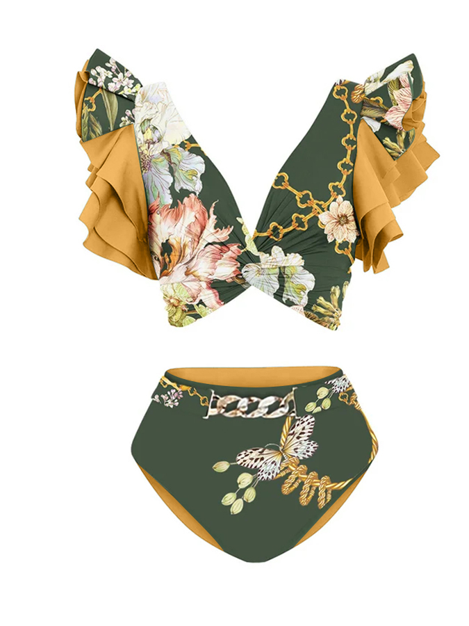 Ruffled Floral Print Bikini Swimsuit and Skirt