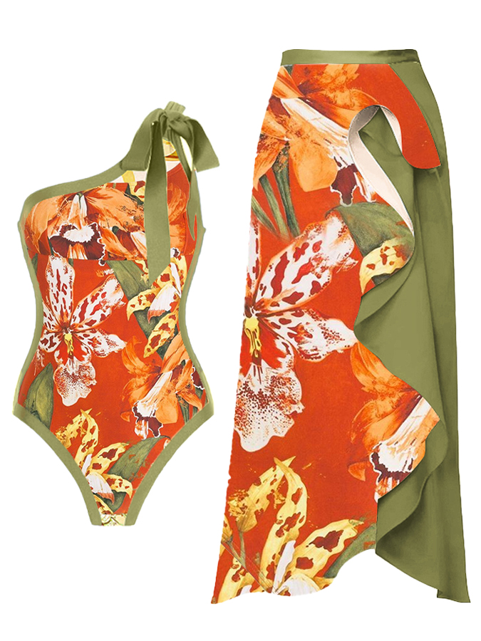 Vintage Colorblock Floral Print One-Piece Swimsuit and Skirt