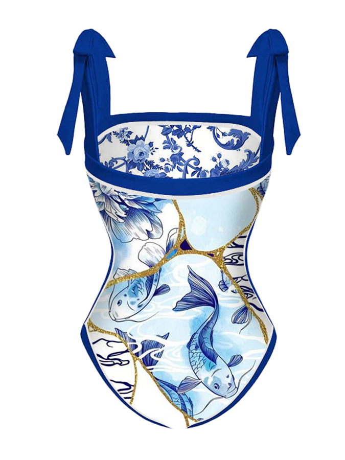 Reversible Colorblock Print One-Piece Swimsuit and Cover-up