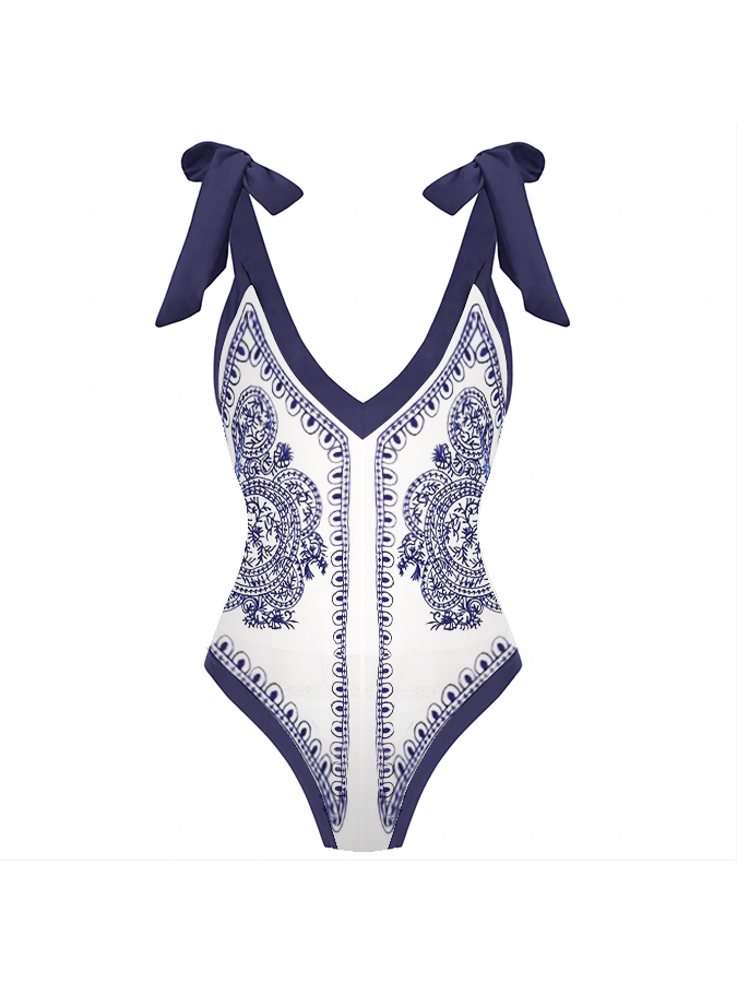 Blue and White Porcelain Print One Piece Swimsuit Set
