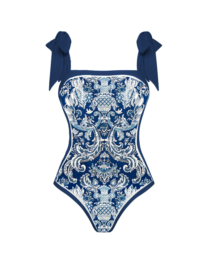 Vintage Blue and White Porcelain Print One-Piece Swimsuit And Cover up