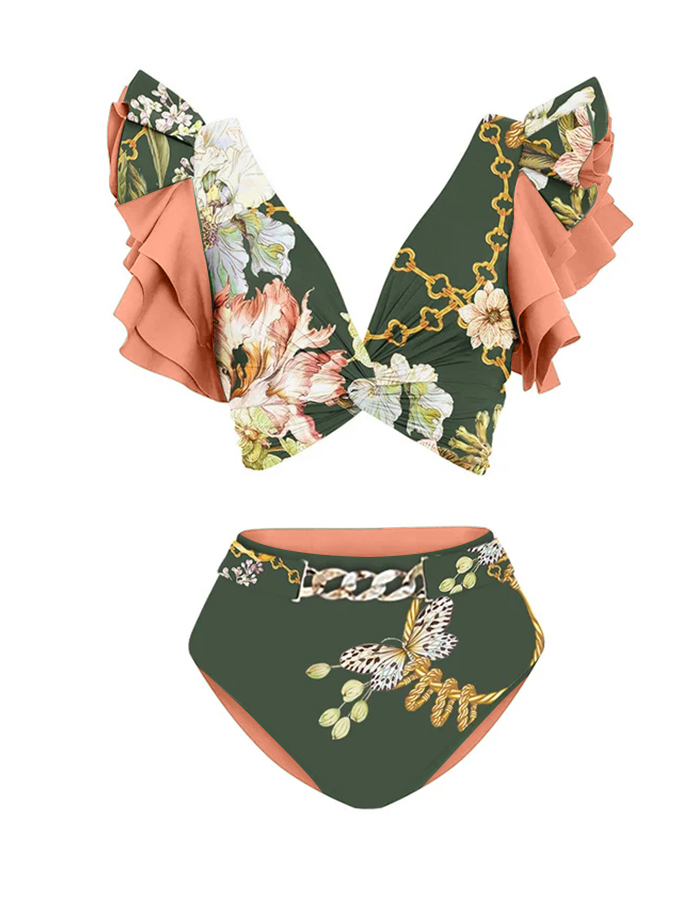 Ruffled Floral Print Bikini Swimsuit and Skirt