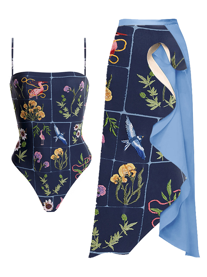 Simple Embroidered Print One-Piece Swimsuit