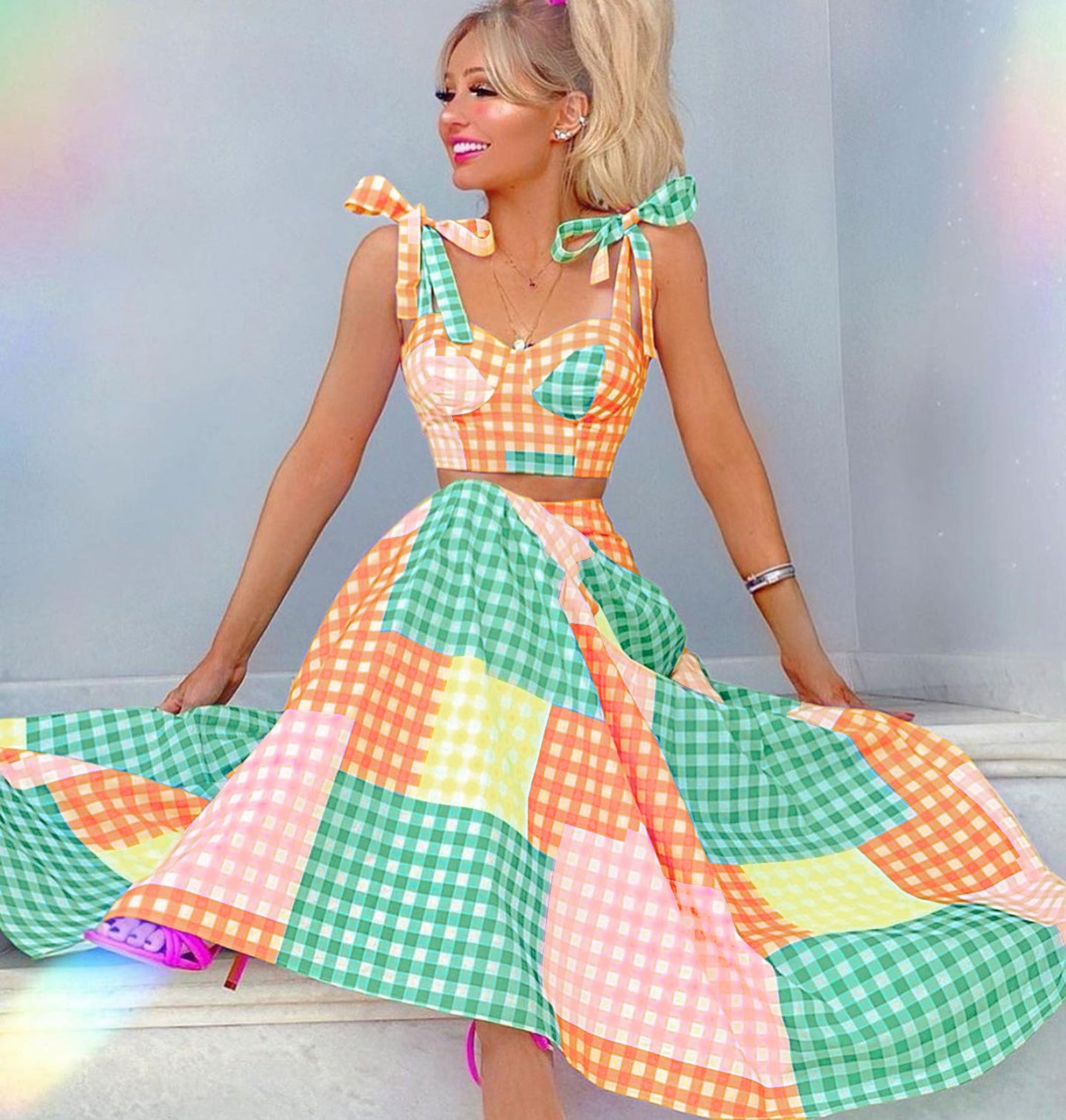Colorful Plaid Lacing Shoulder Bikini Cover-up