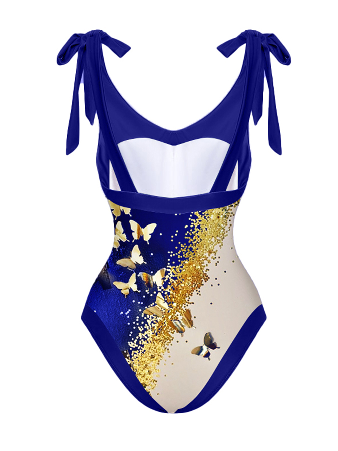 V-Neck Colorblock Butterfly Print One-Piece Swimsuit Set