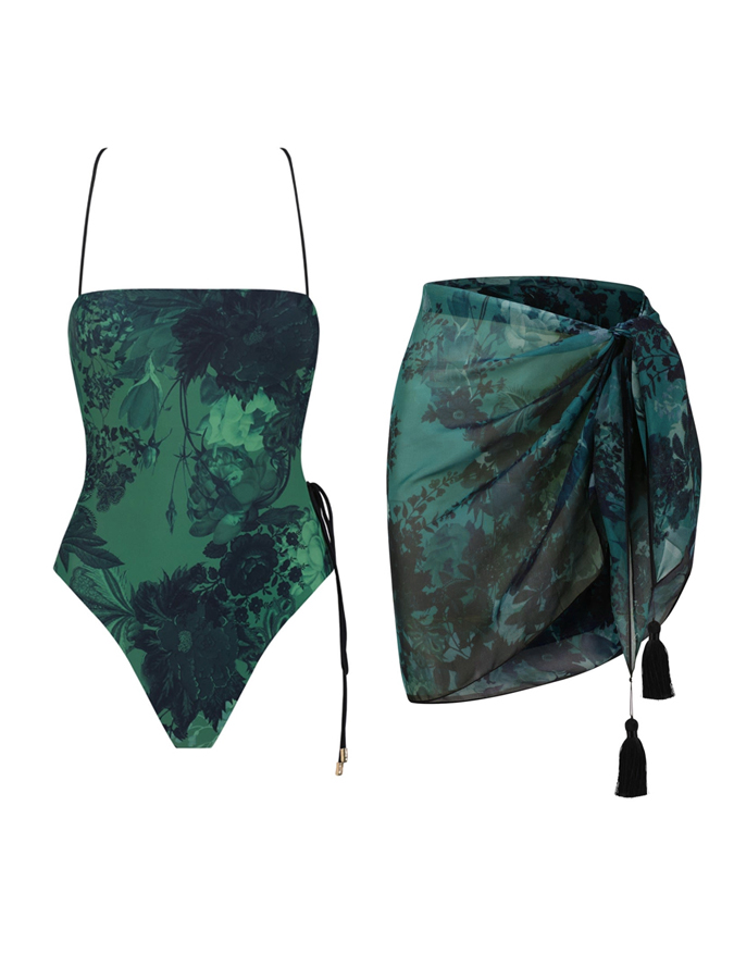 Vintage Floral Print One Piece Swimsuit And Cover Up