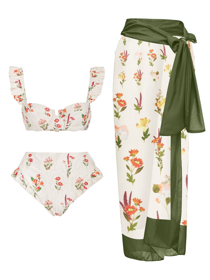 Ruffled Embroidered Print Bikini Swimwear