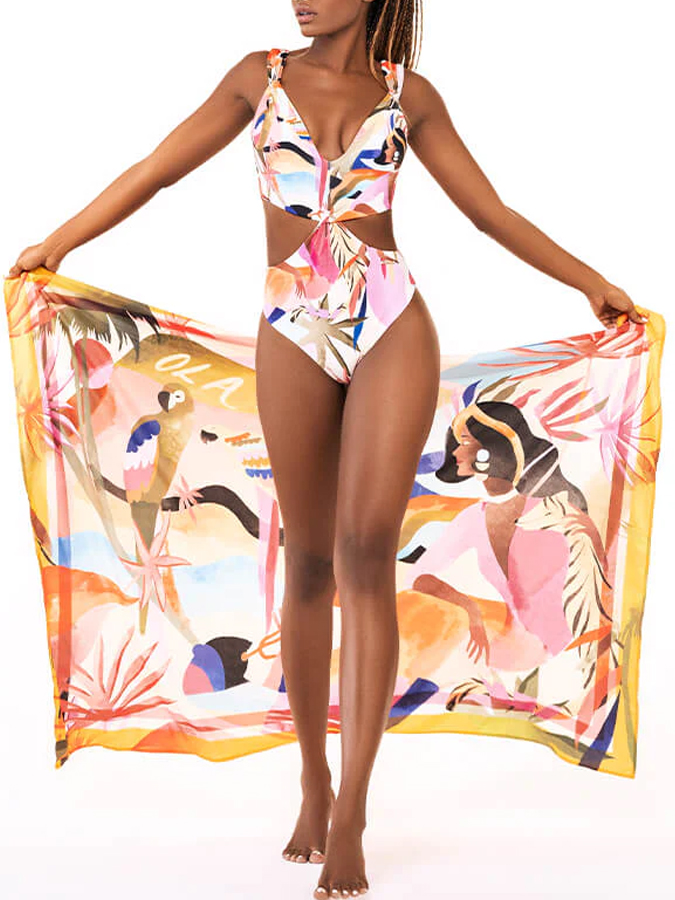Tropical Samba Print One Piece Swimsuit And Cover Up